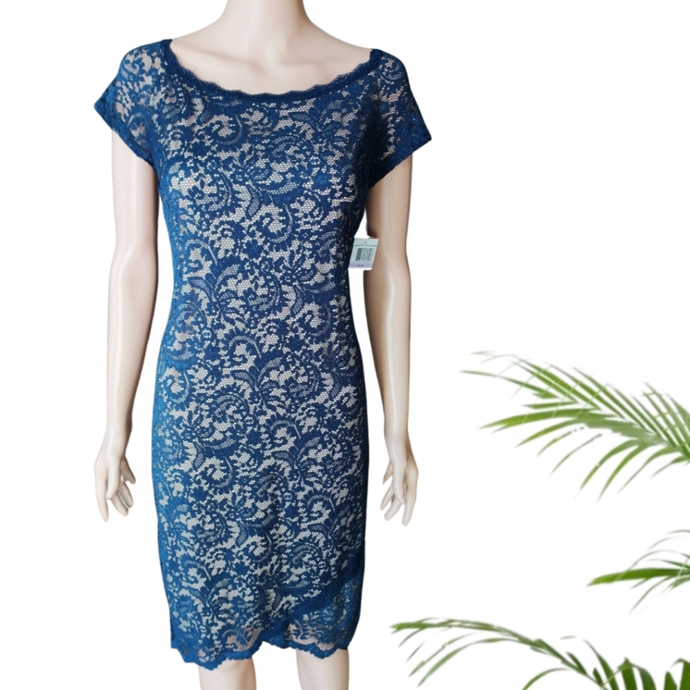 B. DARLIN Navy and Nude Cocktail Lace Sheath Dress Size 10